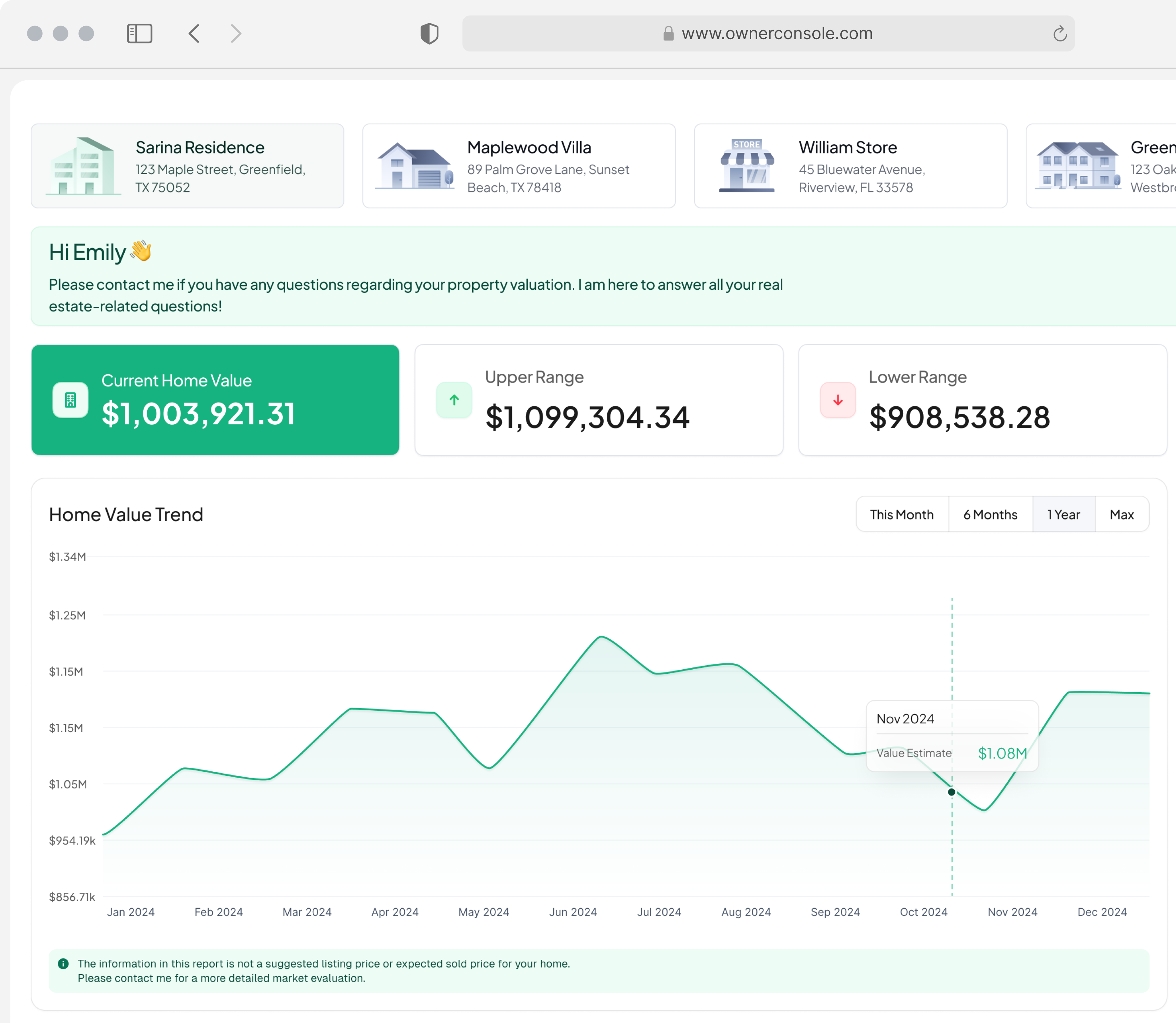Owner Console branded home value report